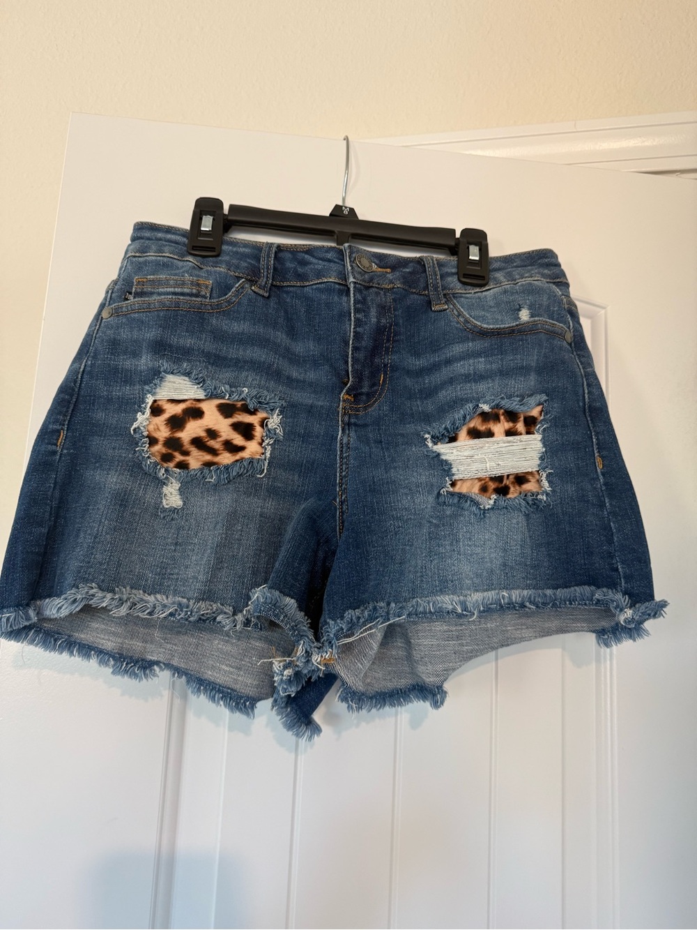 Judy Blue Distressed Denim Shorts with Leopard Patch - Blue
